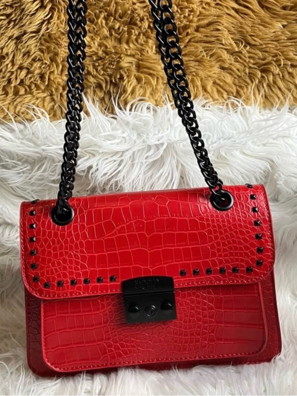 Badgley Mischka Crossbody/Shoulder Chain Red Vegan Leather Studded Croco Bag